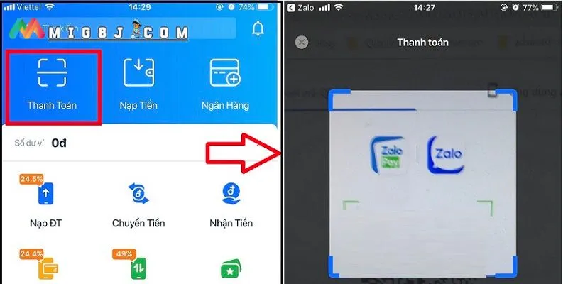 Nạp tiền Mig8 thông qua Zalo Pay